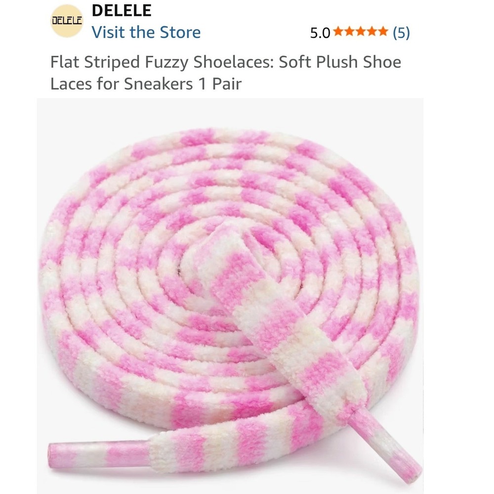 DELELE Pink White Striped Fuzzy Shoelaces Soft Plush Flannel Flat Laces 1 Pair - Picture 5 of 6
